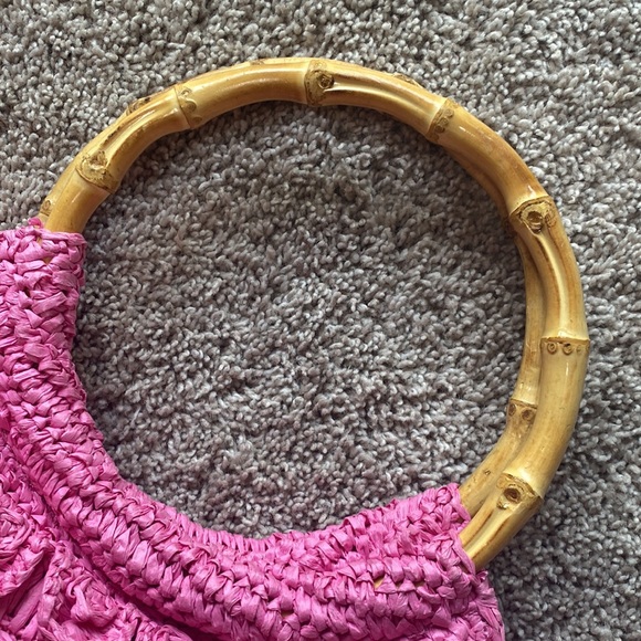 J Crew Pink Straw Hobo Bag Tote Double Bamboo Handles Large New - Picture 7 of 7